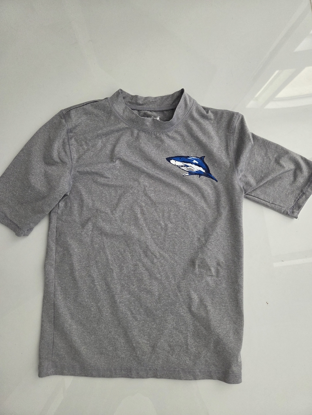 Boys Gray Short-Sleeve Swim Shirt with Shark Graphic